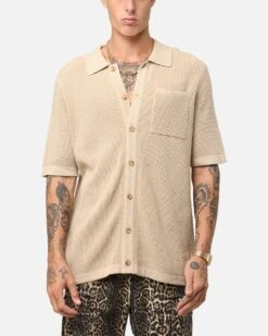 XXIII Zyair Knit Rib Button Up Shirt Tan