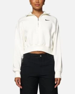 Nike Women's Sportswear Style Phoenix Fleece Cropped Half Zip Sweatshirt Sail/Black