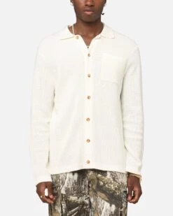 XXIII Zyair Knit Rib Long Sleeve Button Up Shirt Cream