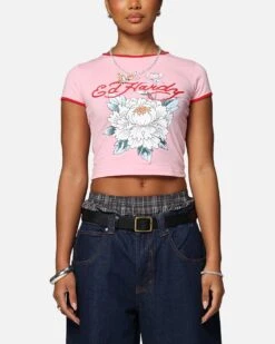 Ed Hardy Women's Blooming Baby Ringer T-Shirt Pink/Red