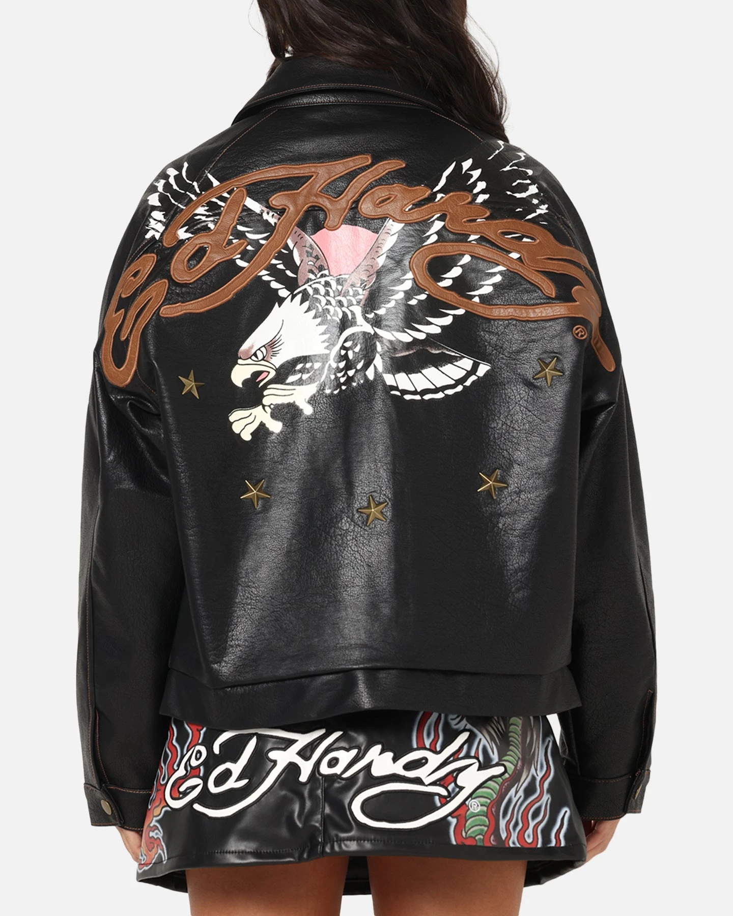 Ed Hardy Women's Vegan Leather Bomber Jacket Black 3 Ed Hardy Women's Vegan Leather Bomber Jacket Black