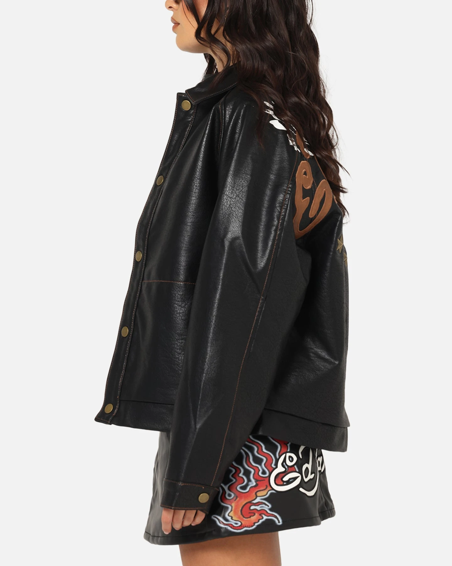 Ed Hardy Women's Vegan Leather Bomber Jacket Black 8 Ed Hardy Women's Vegan Leather Bomber Jacket Black - Image 6