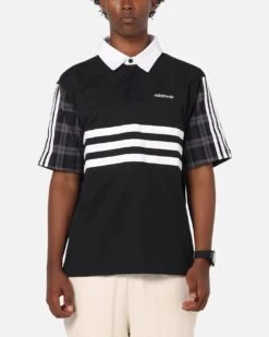 Adidas Tartan Regular Rugby Polo T-Shirt Black