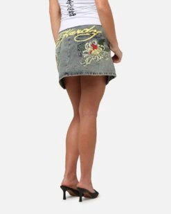 Ed Hardy Women's Flora Denim Mini Skirt Dirty Blue